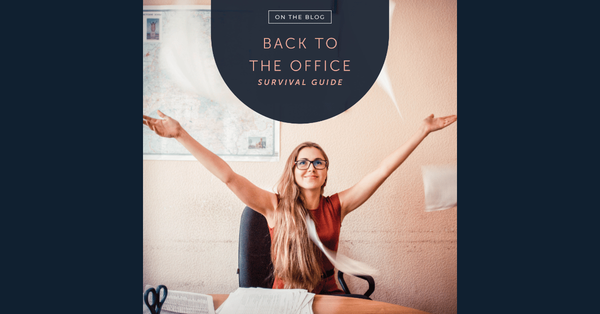 Back to the office female with hands up in office chair